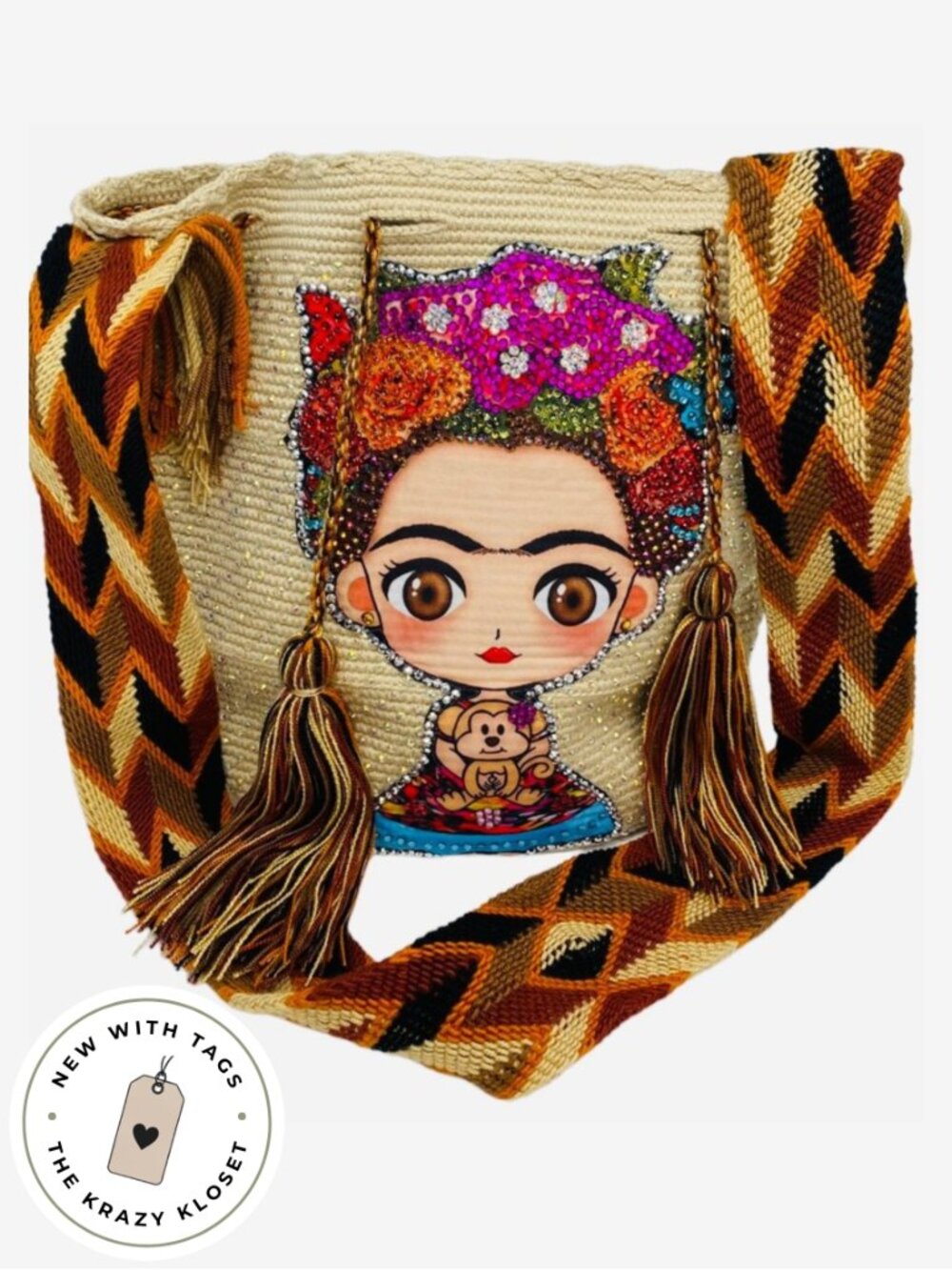NEW 100% Authentic Handcrafted Wayuu Mochila Bag | Frida Kahlo + Crystals 🎨